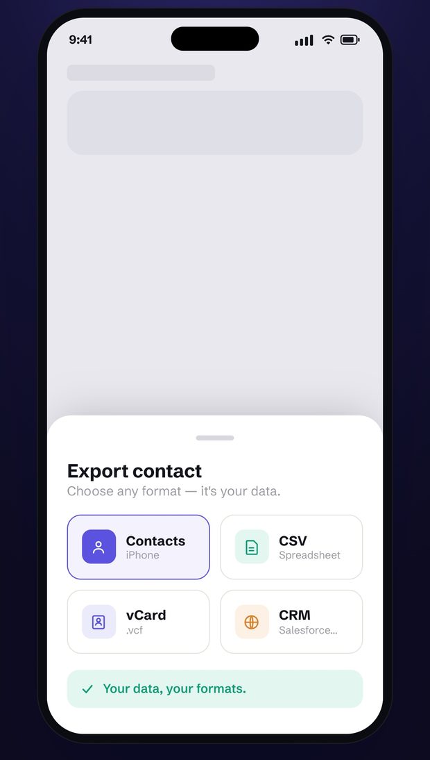 Visty’s export sheet: Contacts, CSV, vCard and CRM